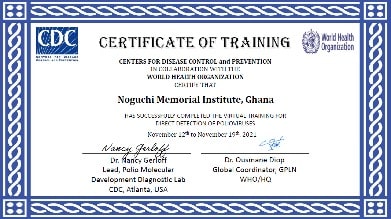 Figure 3. Certificate of training to the Polio Lab for successfully completing the virtual training for Direct Detection