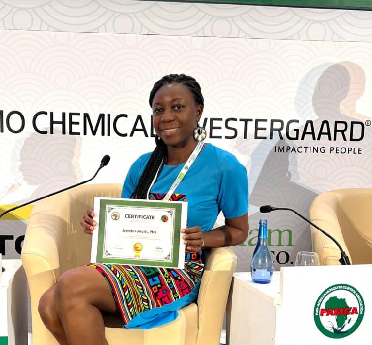 Dr. Jewelna Akorli wins the Senior Category of the 2nd PAMCA Women in Vector Control (WIVC) Excellence Award at PAMCA Conference 2022, Kigali, Rwanda.